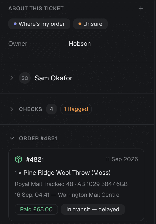 Order details for order 4821: a wool throw, Royal Mail tracking, paid £68, in transit and delayed