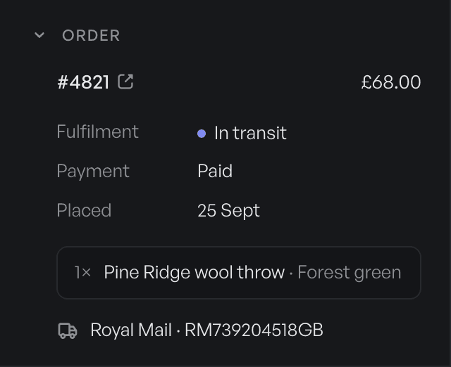 Hobson’s order card showing a Shopify order with items, tracking and status