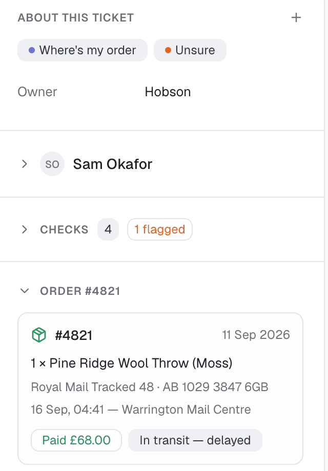 Order details for order 4821: a wool throw, Royal Mail tracking, paid £68, in transit and delayed