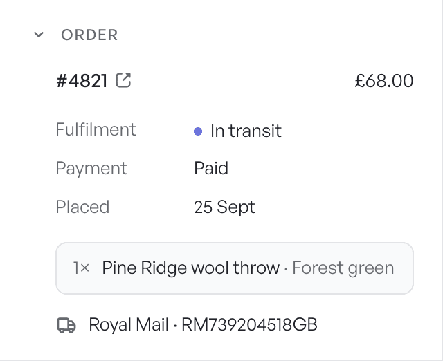 Hobson’s order card showing a Shopify order with items, tracking and status